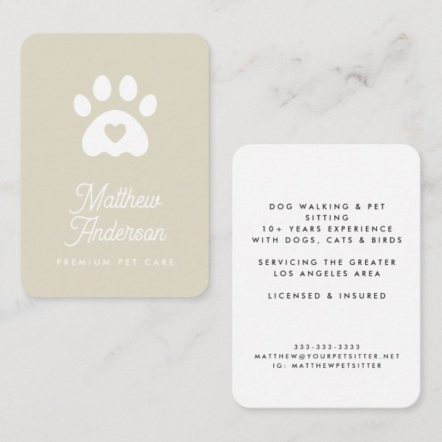 Cute Beige Heart Paw Skriv ut Pet Sitter Dog Walke Visitkort (Fram/baksida)