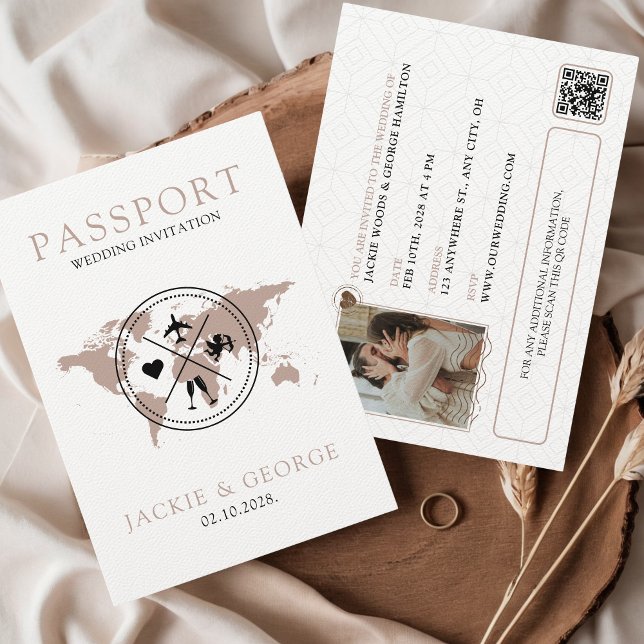 Cute Beige Passport - unikt destinationsbröllop Inbjudningar (Destination Wedding Passport Budget Friendly Invitation Beige Minimalist Elegant Aesthetic Travel)
