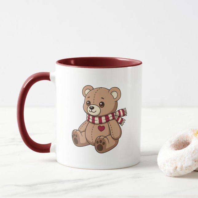 Cute Beige Teddy Bear with Striped Scarf Mugg (Med munk)