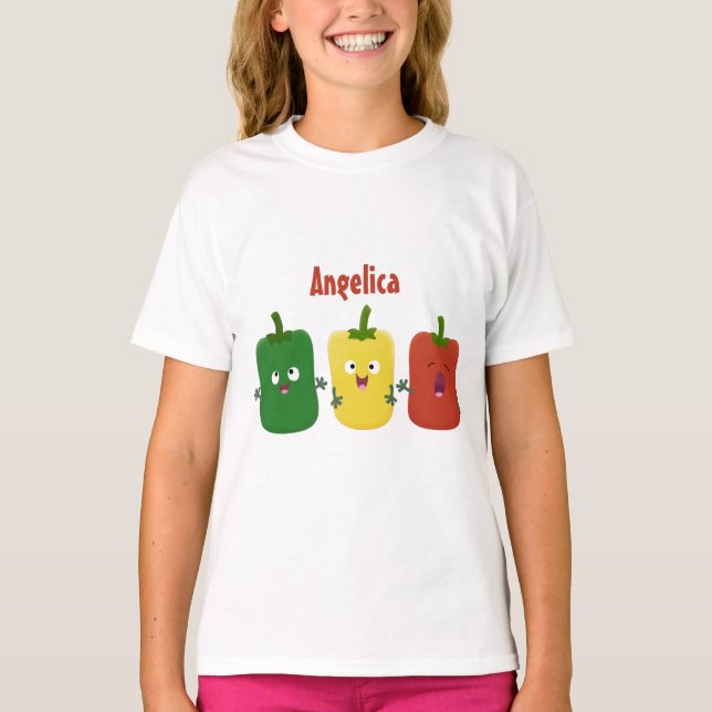 Cute bell pepper capsicum trio singel tecknad t shirt (Framsida)