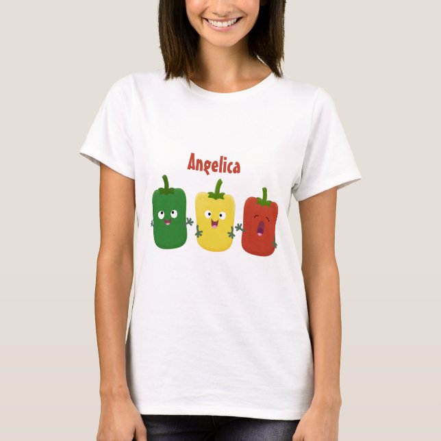 Cute bell pepper capsicum trio singel tecknad t shirt (Framsida)