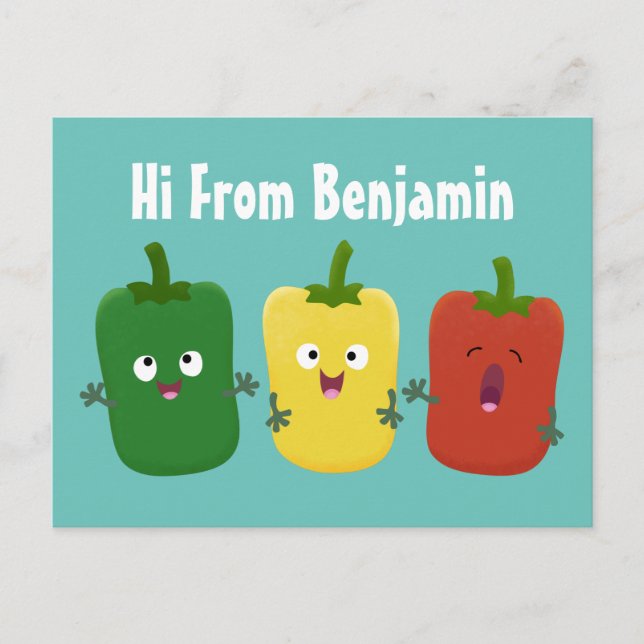 Cute bell pepper capsicum trio singel tecknad vykort (Framsida)
