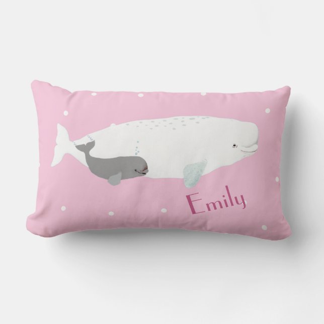 Cute Beluga Whale for Girls, Rosa med eget namn Lumbarkudde (Framsida)