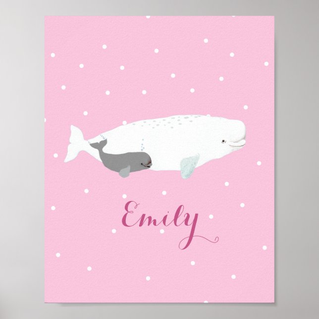 Cute Beluga Whale for Girls, Rosa med eget namn Poster (Framsidan)