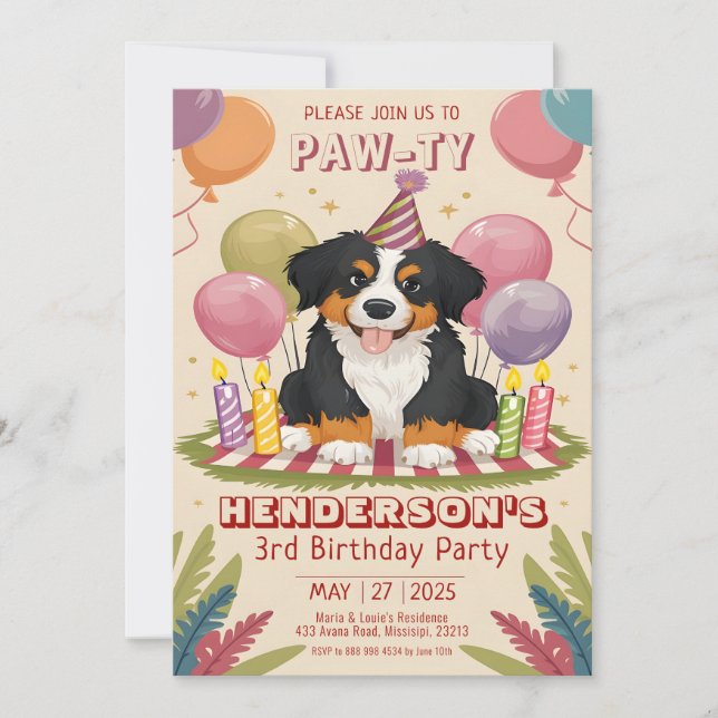 Cute Berner Puppy Party Bernese Hund Birthday Inbjudningar (Framsida)