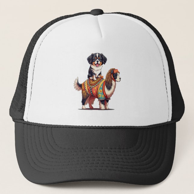 Cute Bernese Hund Riding på Llama Keps (Framsida)
