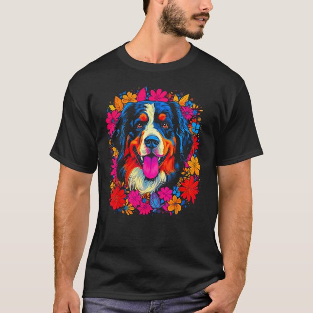 Cute Bernese Mountain Dog Flowers T Shirt (Framsida)