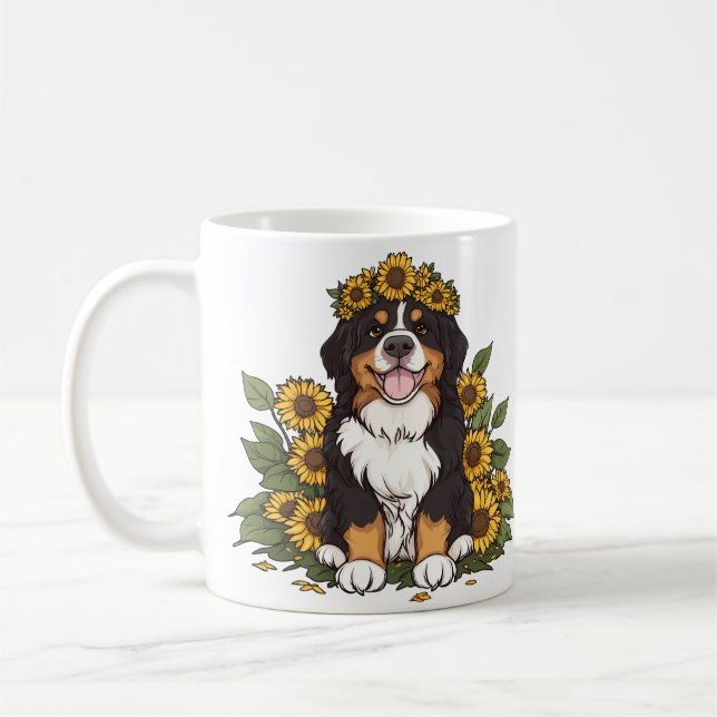 Cute Bernese Mountain Dog Wearing Sunflower Crown Kaffemugg (Vänster)