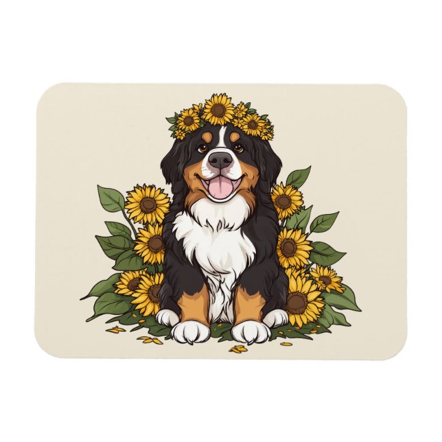 Cute Bernese Mountain Dog Wearing Sunflower Crown Magnet (Horisontell)