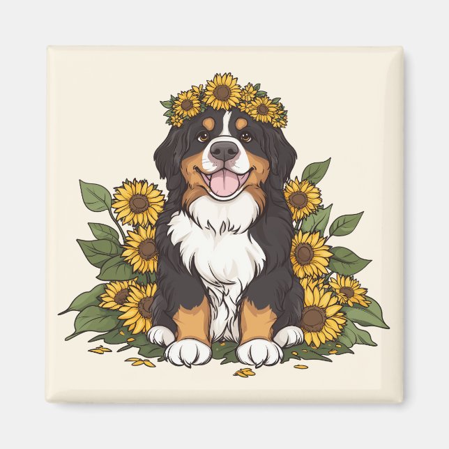 Cute Bernese Mountain Dog Wearing Sunflower Crown Magnet (Framsidan)