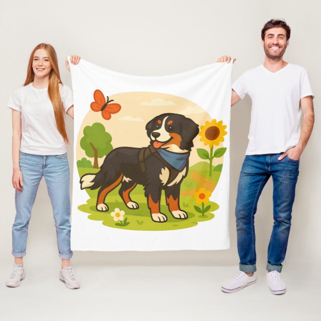 Cute Bernese Mountain Dog with Sunflower & Butterf Fleecefilt (På plats)