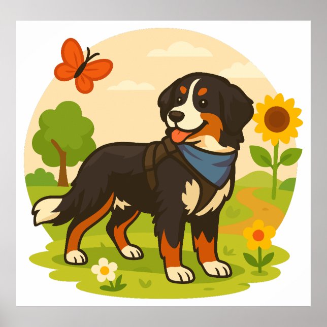 Cute Bernese Mountain Dog with Sunflower & Butterf Poster (Framsidan)