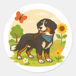 Cute Bernese Mountain Dog with Sunflower & Butterf Runt Klistermärke