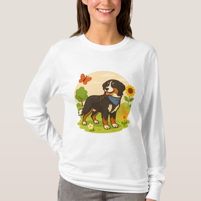 Cute Bernese Mountain Dog with Sunflower & Butterf T Shirt (Framsida)