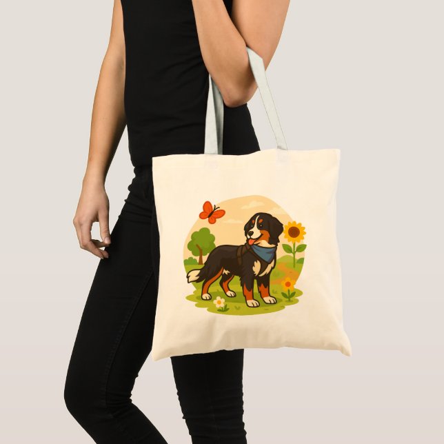 Cute Bernese Mountain Dog with Sunflower & Butterf Tygkasse (Framsida (produkt))