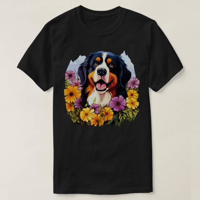 Cute Bernese Mountain Hund i Vår Blomsterträdgård T Shirt (Design framsida)