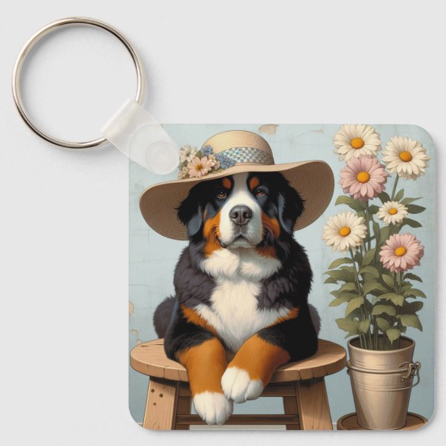 Cute Bernese Mountain Hund med Hat och Flowers Nyckelring (Framsida)