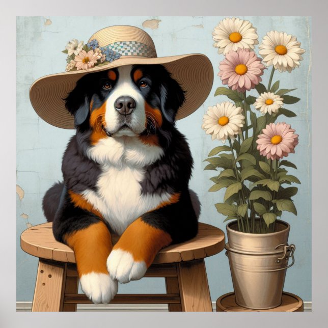 Cute Bernese Mountain Hund med Hat och Flowers Poster (Framsidan)