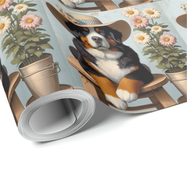 Cute Bernese Mountain Hund med Hat och Flowers Presentpapper (Rullad Hörn)