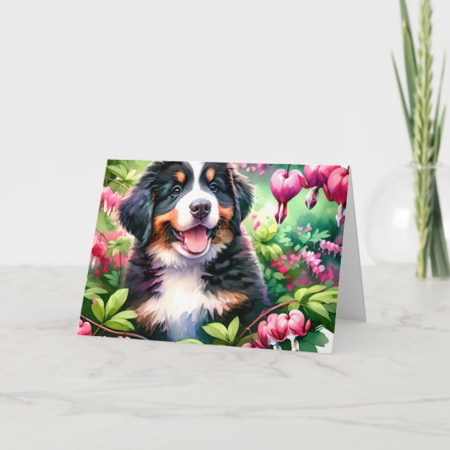 Cute Bernese Mountain Hund Puppy Bleeding Hearts Kort (Framsida)