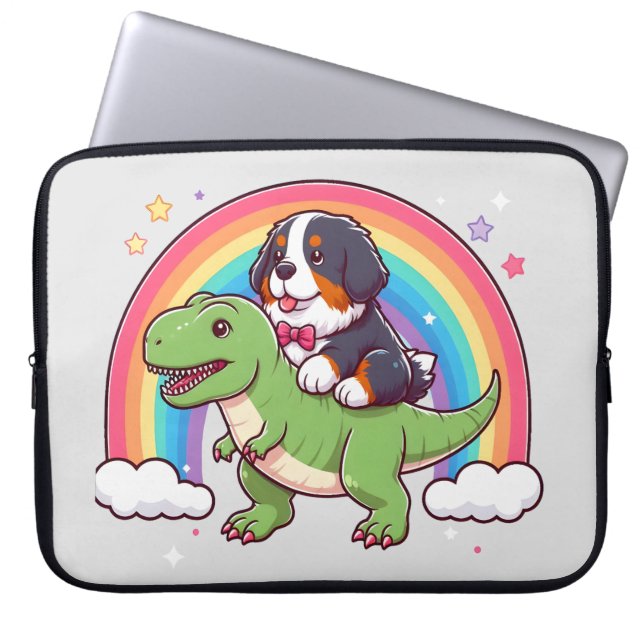 Cute Bernese Mountain Hund Riding T-Rex Dinosaur Laptop Fodral (Framsidan)