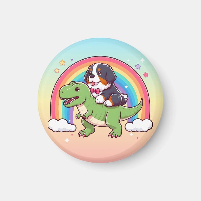 Cute Bernese Mountain Hund Riding T-Rex Dinosaur Magnet (Framsidan)