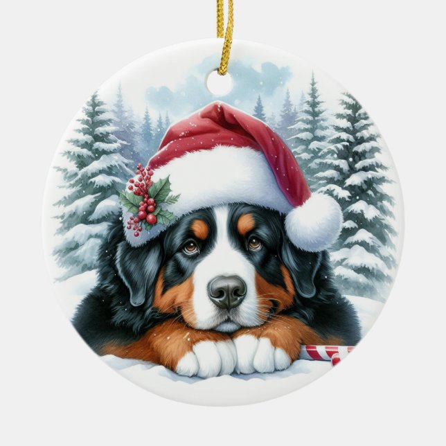 Cute Bernese Mountain Hund Santa Hat Watercolor Julgransprydnad Keramik (Framsidan)
