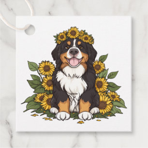 Cute Bernese Mountain Hund Wearing Sunblomma Krona Gåvor Etiketter