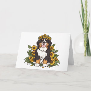 Cute Bernese Mountain Hund Wearing Sunblomma Krona Kort