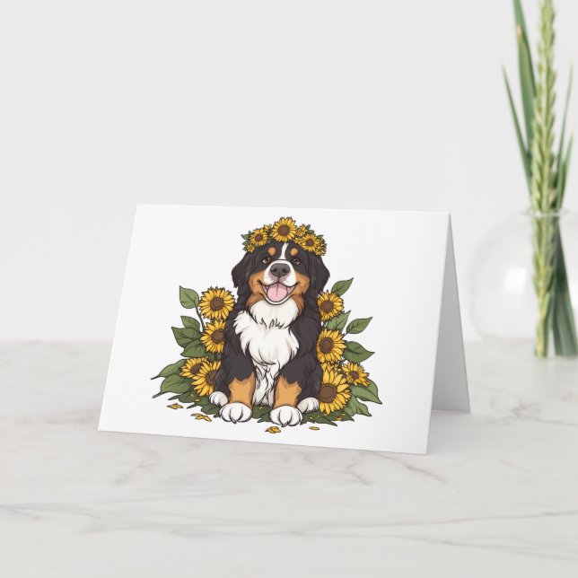 Cute Bernese Mountain Hund Wearing Sunblomma Krona Kort (Framsida)