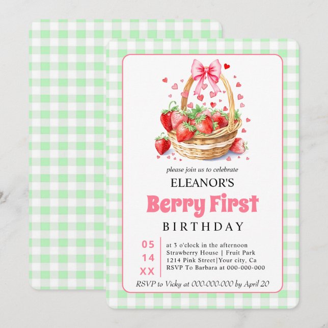 Cute Berry First Birthday strawberries for girls Inbjudningar (Fram/baksida)