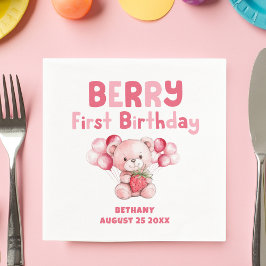 Cute Berry First Birthday Strawberry Rosa Pappersservett