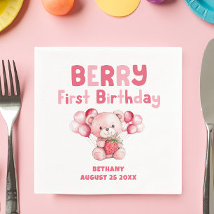 Cute Berry First Birthday Strawberry Rosa Pappersservett