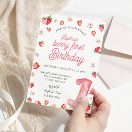 Cute Berry First Birthday Watercolor jordberry Inbjudningar