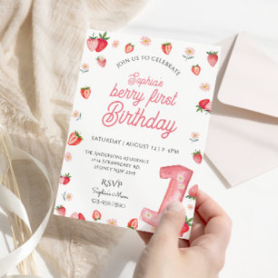 Cute Berry First Birthday Watercolor jordberry Inbjudningar