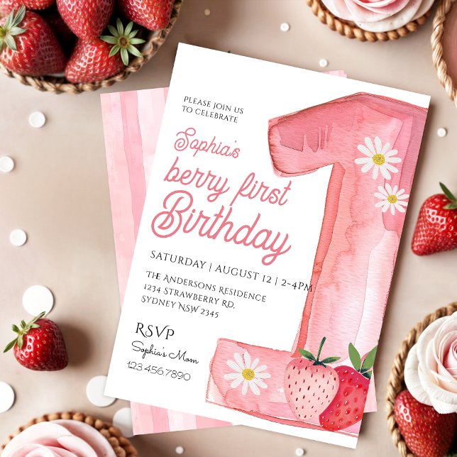 Cute Berry First Birthday Watercolor jordberry Inbjudningar (Skapare uppladdad)