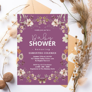 Cute Berry Lila Wildblomma Modern Baby Shower Inbjudningar