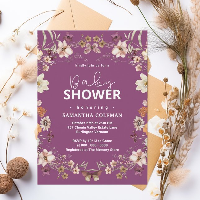 Cute Berry Lila Wildblomma Modern Baby Shower Inbjudningar (Skapare uppladdad)