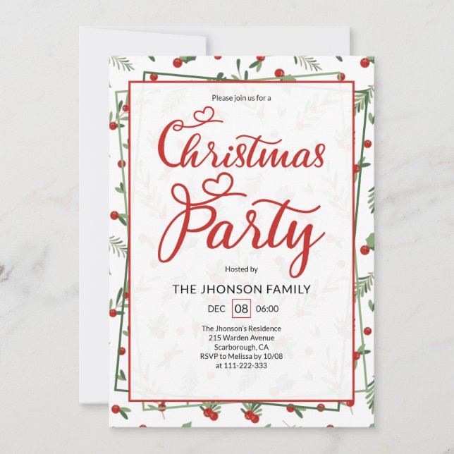 Cute Berry Pattern Calligraphy Christmas Party  Inbjudningar (Framsida)
