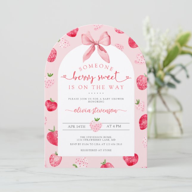 Cute Berry Sweet Baby Shower Strawberries Pink Inbjudningar (Stående Fram)