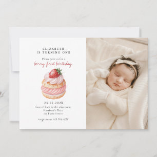 Cute Berry Sweet Rosa First Birthday Photo Inbjudningar