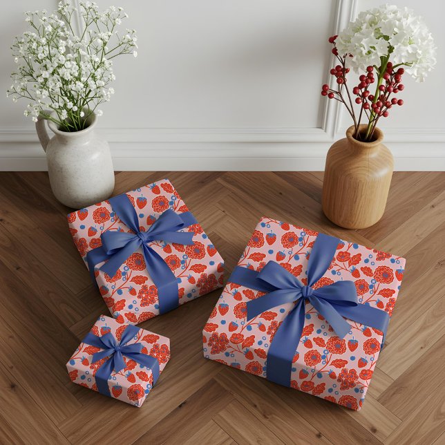 Cute Berry Sweet Strawberry Blueberry Baby Shower Presentpapper (Cute Berry Sweet Strawberry Blueberry Baby Shower Wrapping Paper)