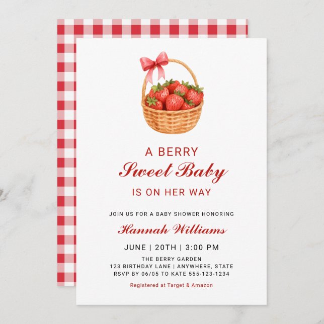Cute Berry Sweet Strawberry Girl Baby Shower Inbjudningar (Fram/baksida)