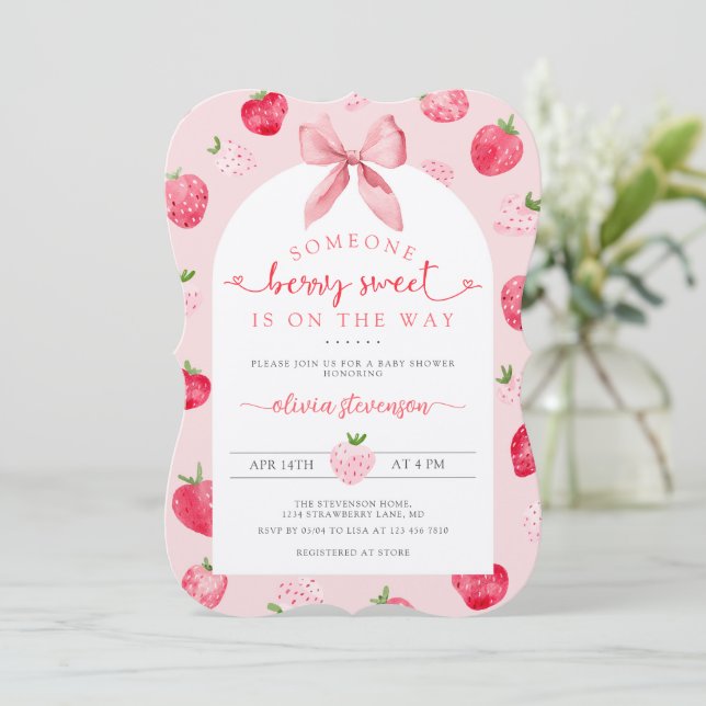 Cute Berry Sweet Strawberry Pink Baby Shower Inbjudningar (Stående Fram)