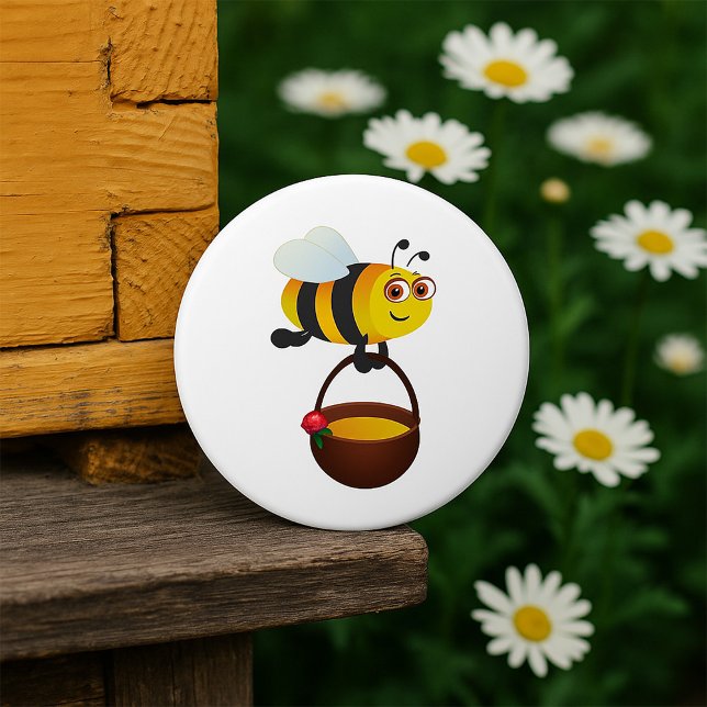 Cute Bes som fraktar honungspot med blomma Knapp (Skapare uppladdad)