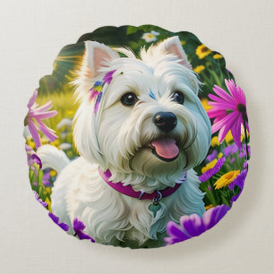 Cute BeSnye Westie Terrier Puppy Hund 2 Rund Kudde