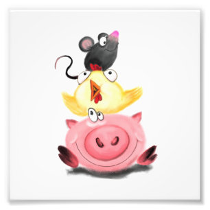 Cute Best Friends Piggy Chick and Mouse - Tecknad Fototryck