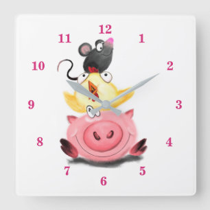 Cute Best Friends Piggy Chick and Mouse - Tecknad Fyrkantig Klocka