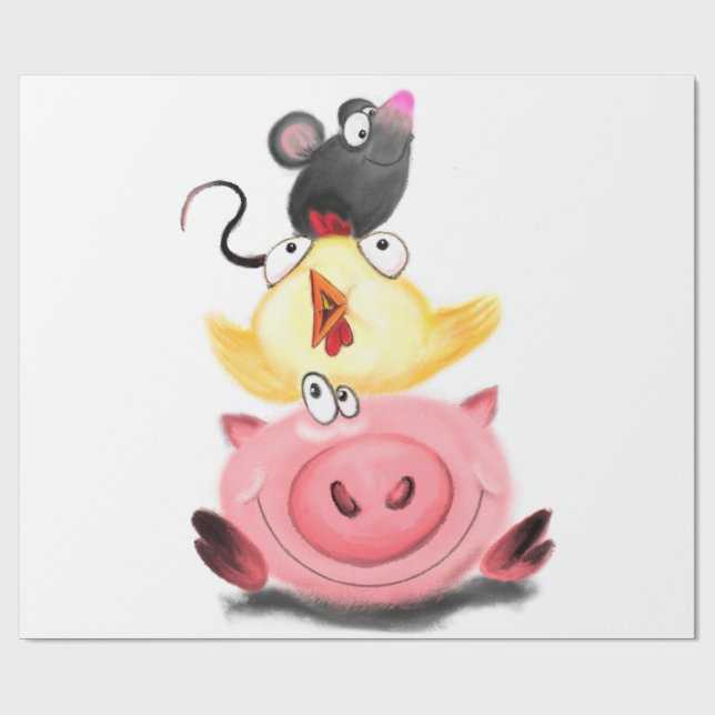 Cute Best Friends Piggy Chick and Mouse - Tecknad  Presentpapper (Platt)