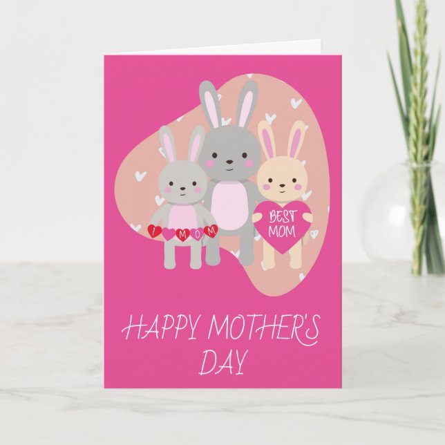 Cute Best Mamma Bunny Rabbit Rosa Hearts Mors dag Kort (Framsida)